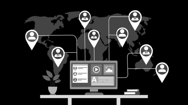 Global Network Connections Animation, Animation of a computer screen with global network connections - Powered by Adobe