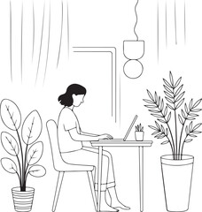 Woman working on laptop at a desk with plants in a minimalist line art style chair