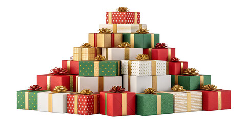 A pile of colorful wrapped Christmas gift boxes with shiny ribbons and bows, arranged in a pyramid. Isolated on transparent background, perfect for Christmas and New Year design, vector or realistic s