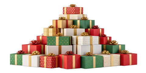A pile of colorful wrapped Christmas gift boxes with shiny ribbons and bows, arranged in a pyramid. Isolated on transparent background, perfect for Christmas and New Year design, vector or realistic s