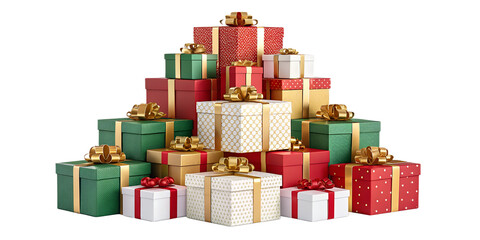 A pile of colorful wrapped Christmas gift boxes with shiny ribbons and bows, arranged in a pyramid. Isolated on transparent background, perfect for Christmas and New Year design, vector or realistic s