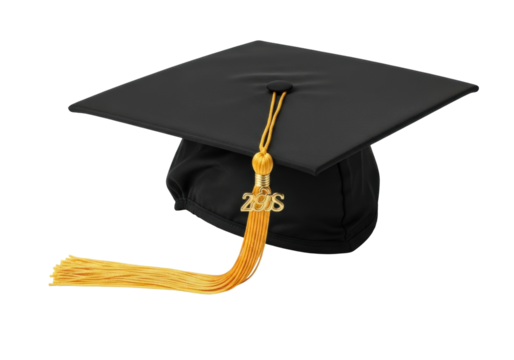 Black graduation cap with gold tassel isolated PNG, academic mortarboard for university or college commencement on transparent background