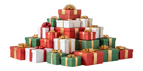 A pile of colorful wrapped Christmas gift boxes with shiny ribbons and bows, arranged in a pyramid. Isolated on transparent background, perfect for Christmas and New Year design, vector or realistic s