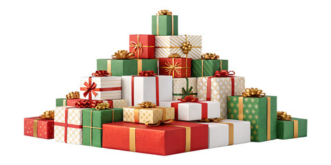 A pile of colorful wrapped Christmas gift boxes with shiny ribbons and bows, arranged in a pyramid. Isolated on transparent background, perfect for Christmas and New Year design, vector or realistic s