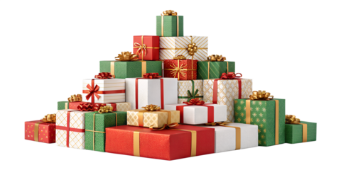 A pile of colorful wrapped Christmas gift boxes with shiny ribbons and bows, arranged in a pyramid. Isolated on transparent background, perfect for Christmas and New Year design, vector or realistic s
