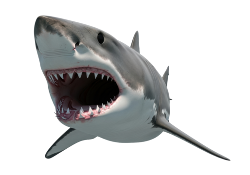 Great white shark with open mouth isolated on transparent PNG, predator with sharp teeth for marine life and ocean themes