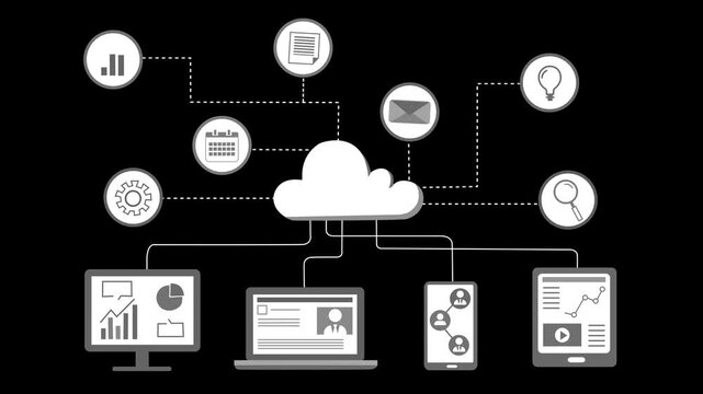 Cloud Computing and Connected Devices Animation, Animation of cloud computing with devices and icons connected to a cloud - Powered by Adobe