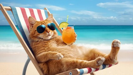 Orange tabby cat relaxing on a striped beach chair wearing sunglasses and holding a tropical cocktail beside a sunny ocean shore scene