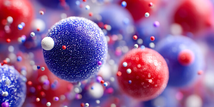 A bunch of colorful spheres are floating in the air, with some of them being red, blue, and white. The image has a playful and whimsical mood, as the spheres seem to be bouncing around