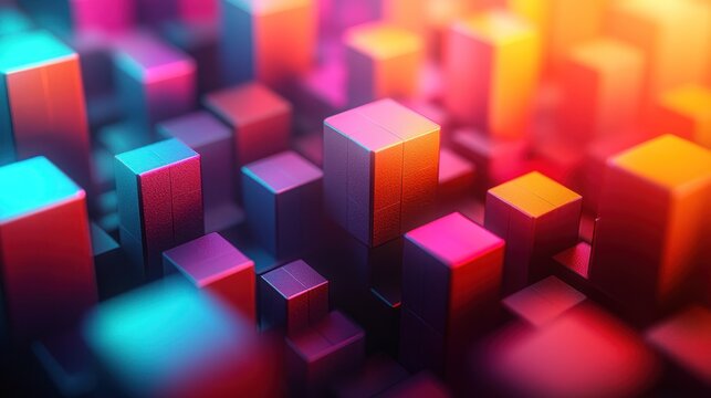 Abstract neon cityscape with blocky buildings, colorful and glowing