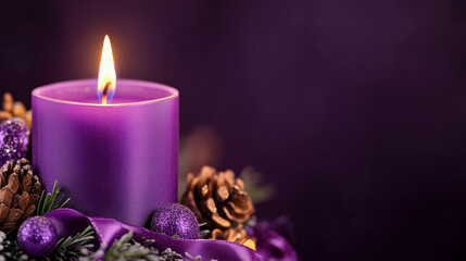 
Close-up of purple Advent candle with ribbon decoration.Space for text.