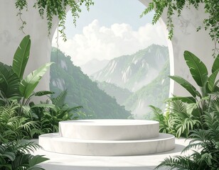Marble podium surrounded by lush greenery