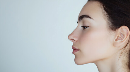 Naklejka premium A serene side profile showcases delicate facial features against a muted backdrop, emphasizing natural beauty, elegant contours, and tranquil aesthetics in a portrait.