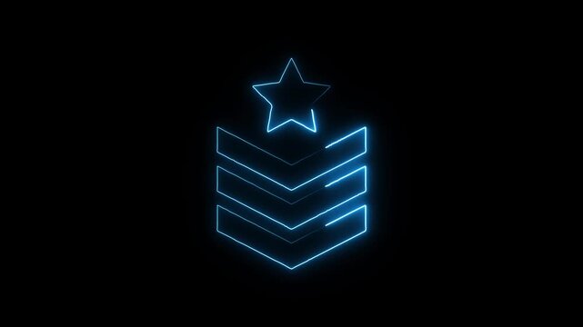 Neon blue chevron rank insignia with star glowing on black background abstract digital animation representing