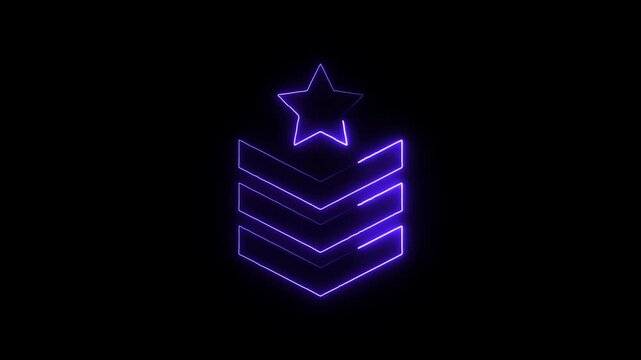 Neon purple chevron rank insignia with star glowing on black background abstract digital animation military