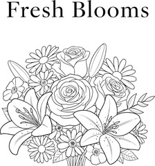 Elegant floral arrangement with roses lilies and daisies in a line art style