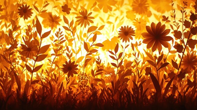 Backlit floral silhouettes in warm golden hues creating a serene landscape