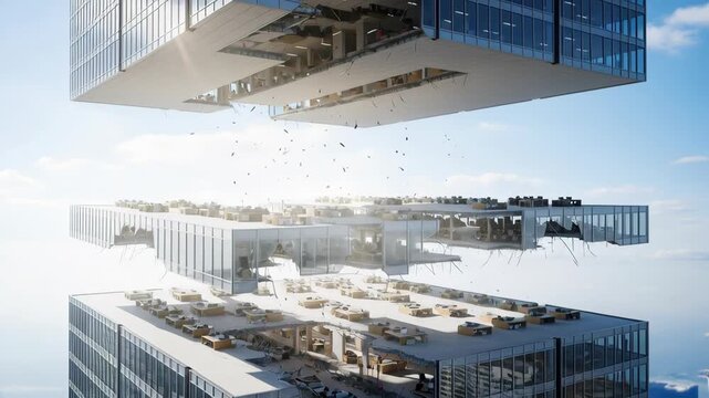 Dramatic video showing a deconstructed skyscraper with floating floors and debris falling against a blue sky, perfect for architectural concepts and construction industry marketing