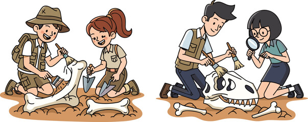 Children and students discovering dinosaur fossils, cartoon paleontologists digging bones, archaeological excavation learning activity, fun science exploration and history study adventure © kulsum creatives