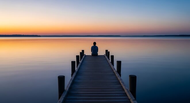 Person sitting on a wooden pier watching the sunrise over a calm lake