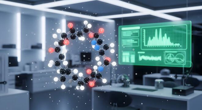Futuristic laboratory with molecule model and digital interface, showcasing scientific research