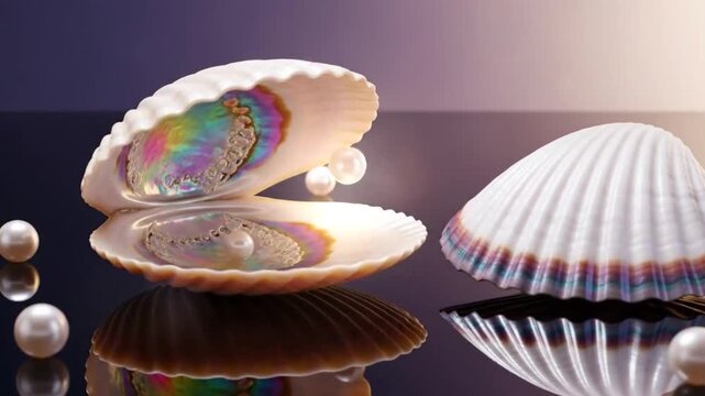 Close up detail highlights an open seashell revealing its iridescent pearl and a closed shell with additional scattered pearls.