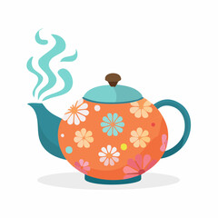 A colorful orange teapot adorned with a charming floral pattern, emitting gentle steam.