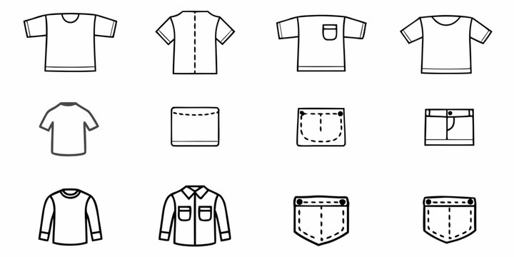 Outlined clothing icons featuring t shirts long sleeve shirts and various pockets in black and white style
