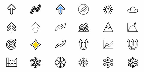 Illustration of various icons including arrows, graphs, trees, snowflakes, and weather elements design 100