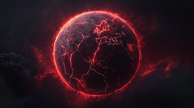 Burning planet Earth with cracked continents and a fiery atmosphere