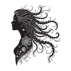 Fototapeta premium Silhouette profile of a woman with long flowing braided hair adorned with intricate patterns and flowers on her shoulder