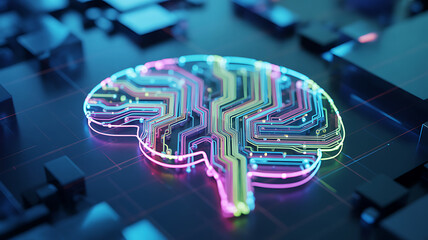 Abstract glowing digital brain with circuits and data streams on a futuristic motherboard background