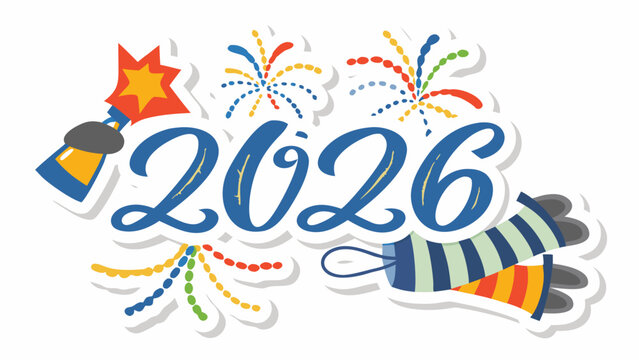 Colorful 2026 new year celebration with fireworks confetti and party poppers on white background