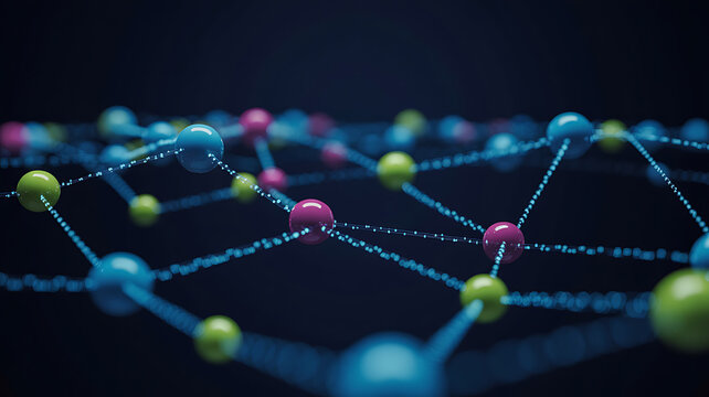 Abstract 3d rendering of a molecular structure with interconnected nodes and lines against a dark background