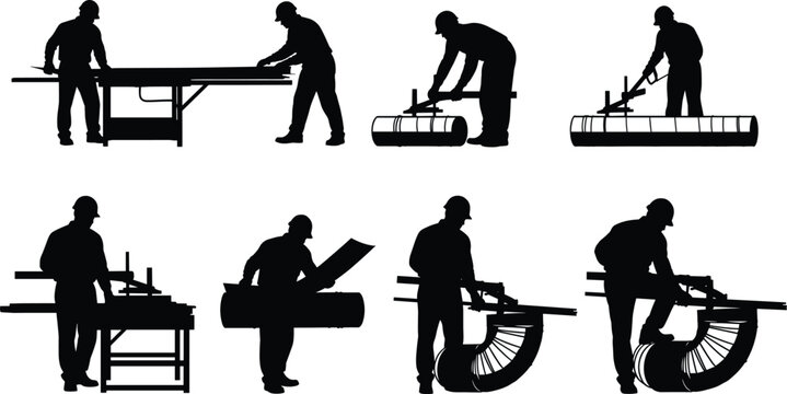 Construction workers silhouettes, industrial labor poses, factory tools, manual work, carpentry, machinery, equipment handling, workshop action, occupational tasks, engineering scenes