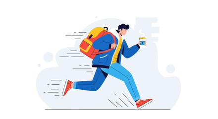 Energetic Traveler Running With Backpack And Coffee Cup, Vector Illustration