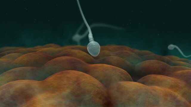 animation of sperm cells swimming towards a egg cell