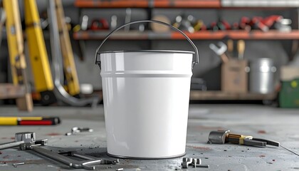 White Bucket in Workshop - A Close-Up of Tools and Equipment.