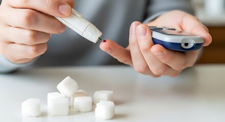 Person Using Blood Glucose Monitor and Lancing Device with Sugar Cubes on Table
