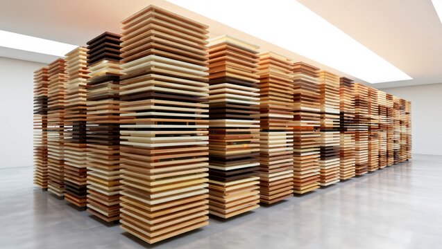 Abstract wooden installation art showcasing layered textures and colors