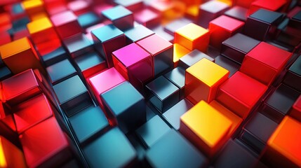 Abstract array of vivid colorful cubic forms in varying heights