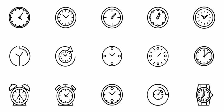 Illustration of various clock and watch icons showing different time formats and design variations present