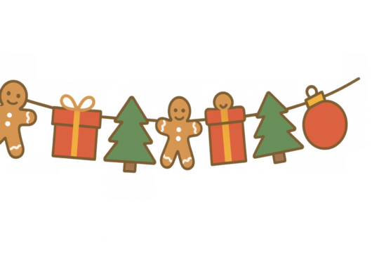 Christmas garland featuring a string of gingerbread men, present boxes, christmas trees, and baubles on a transparent background