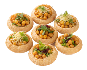pani puri, six crispy puris filled with spicy tamarind water, mashed potatoes, chickpeas, and sprouts, 