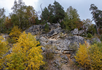 A fairy-tale autumn forest in a colorful outfit during the seasonal period of the year in the foothill area