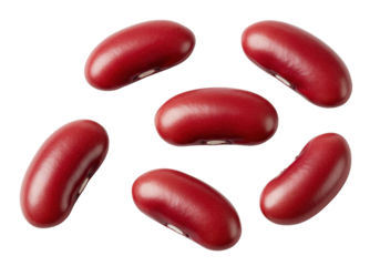 Vibrant ruby red kidney beans, smooth, glossy, ripe, scattered on a transparent background with ample copy space, soft natural light, close-up, concept of healthy food