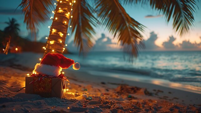 Christmas Santa Hat Resting on Gift Box Decked Out in Fairy Lights on a Tropical Beach at Sunset