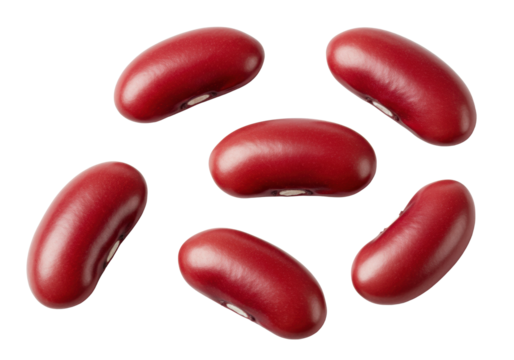 Vibrant ruby red kidney beans, smooth, glossy, ripe, scattered on a transparent background with ample copy space, soft natural light, close-up, concept of healthy food