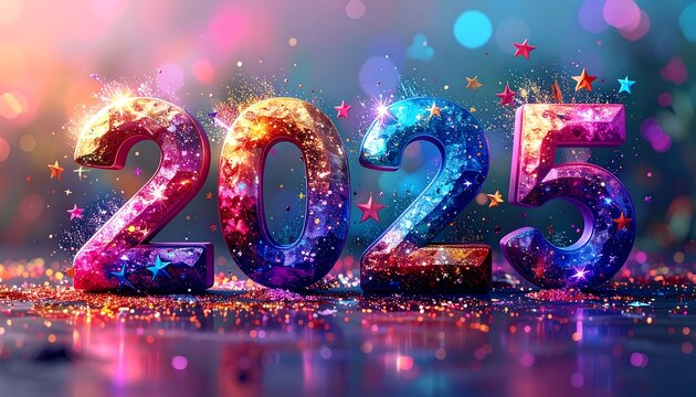 Gleaming '2025' text art, vibrant and festive, with a bokeh background of colorful lights and shimmering confetti