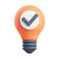 3D Orange Light Bulb with Gray Check Mark and White Circle idea innovation isolated on a transparent background